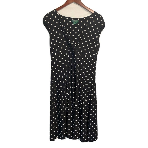 Lauren Ralph Lauren Womens Sleeveless V-neck Sheath Polka‎ Dot Dress Black Sz 12 - Picture 1 of 4